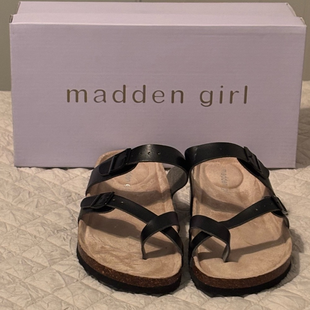 Madden Girl Black and Tan Sandals